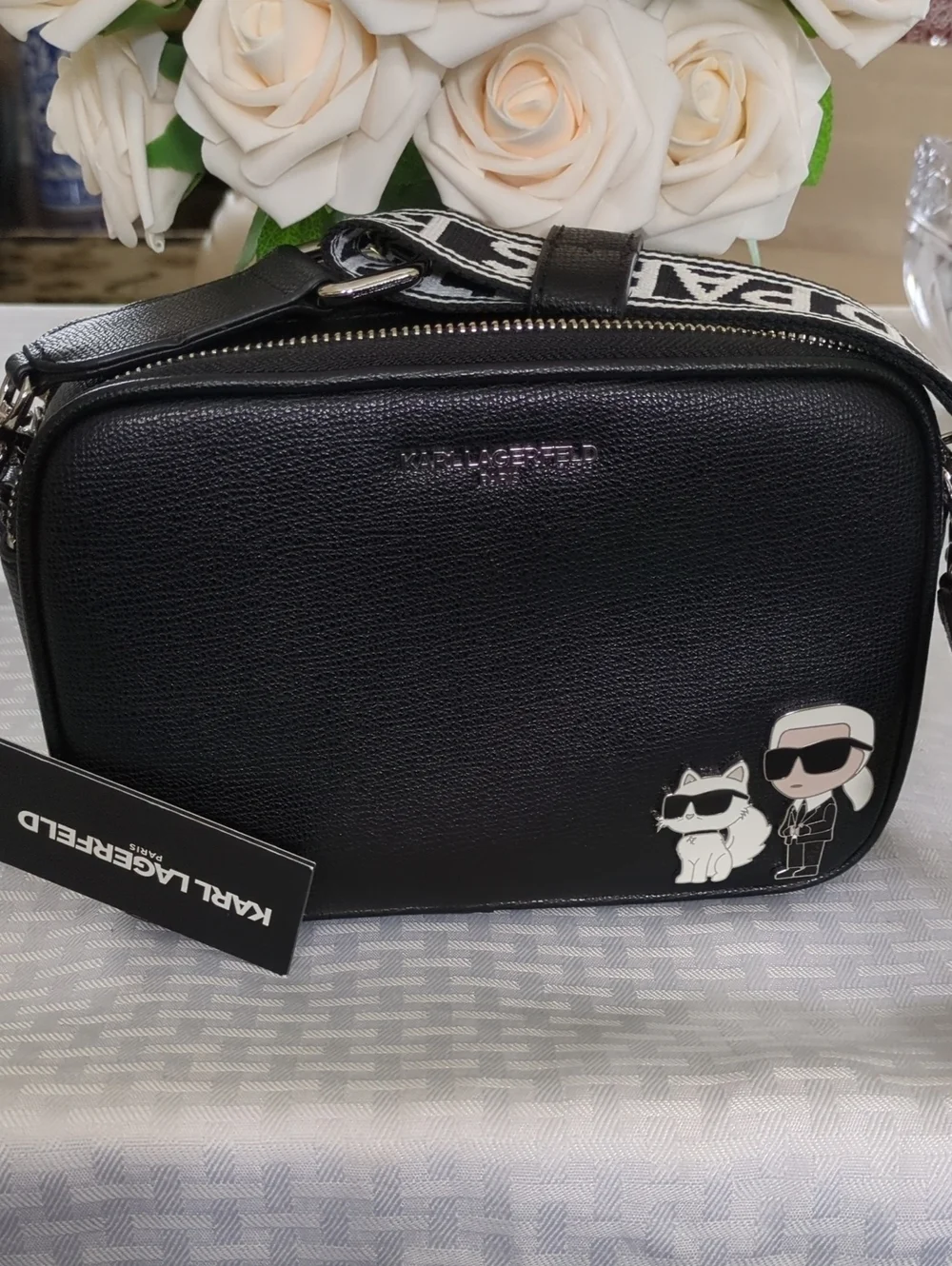Karl Lagerfeld Black Pebbled Crossbody with Character Patch and Logo Strap